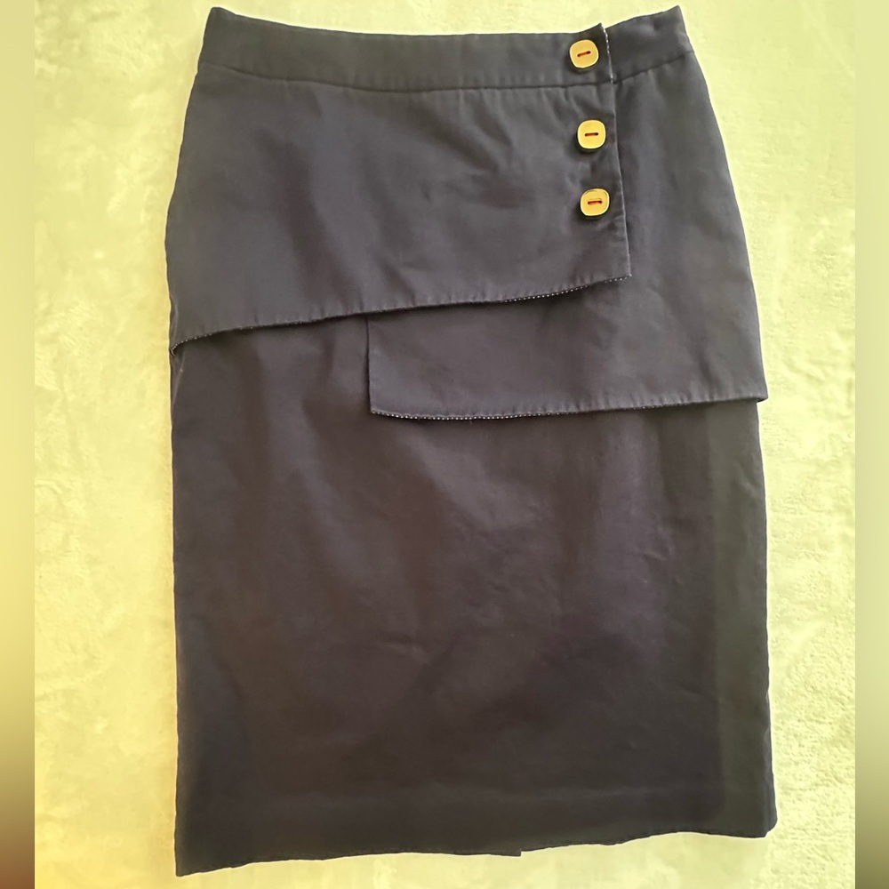 Adolfo Dominguez Navy Pencil Skirt with gold Button Accents